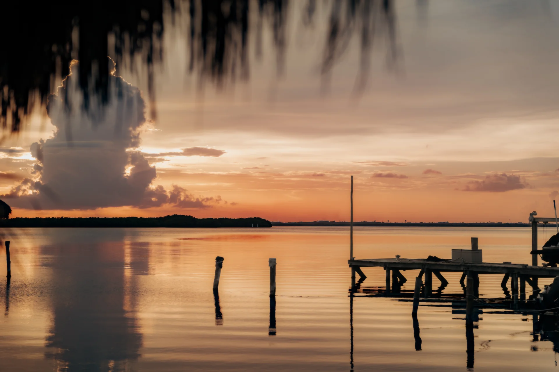 Sunset over the Nichupté Lagoon with the dock in the foreground, Navios restaurant, Cancún
