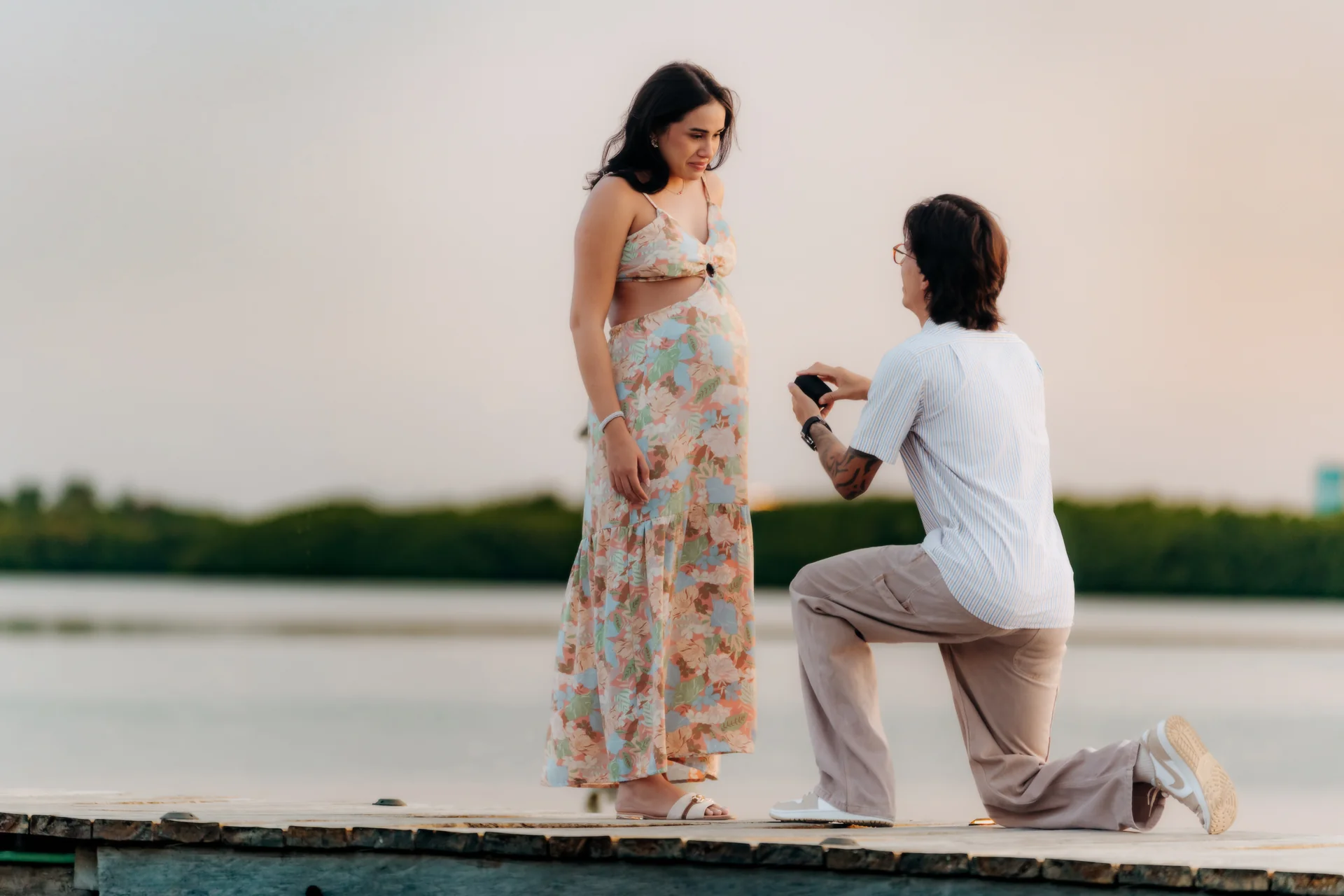 Couple portrait right after the proposal, Navios restaurant, Cancún