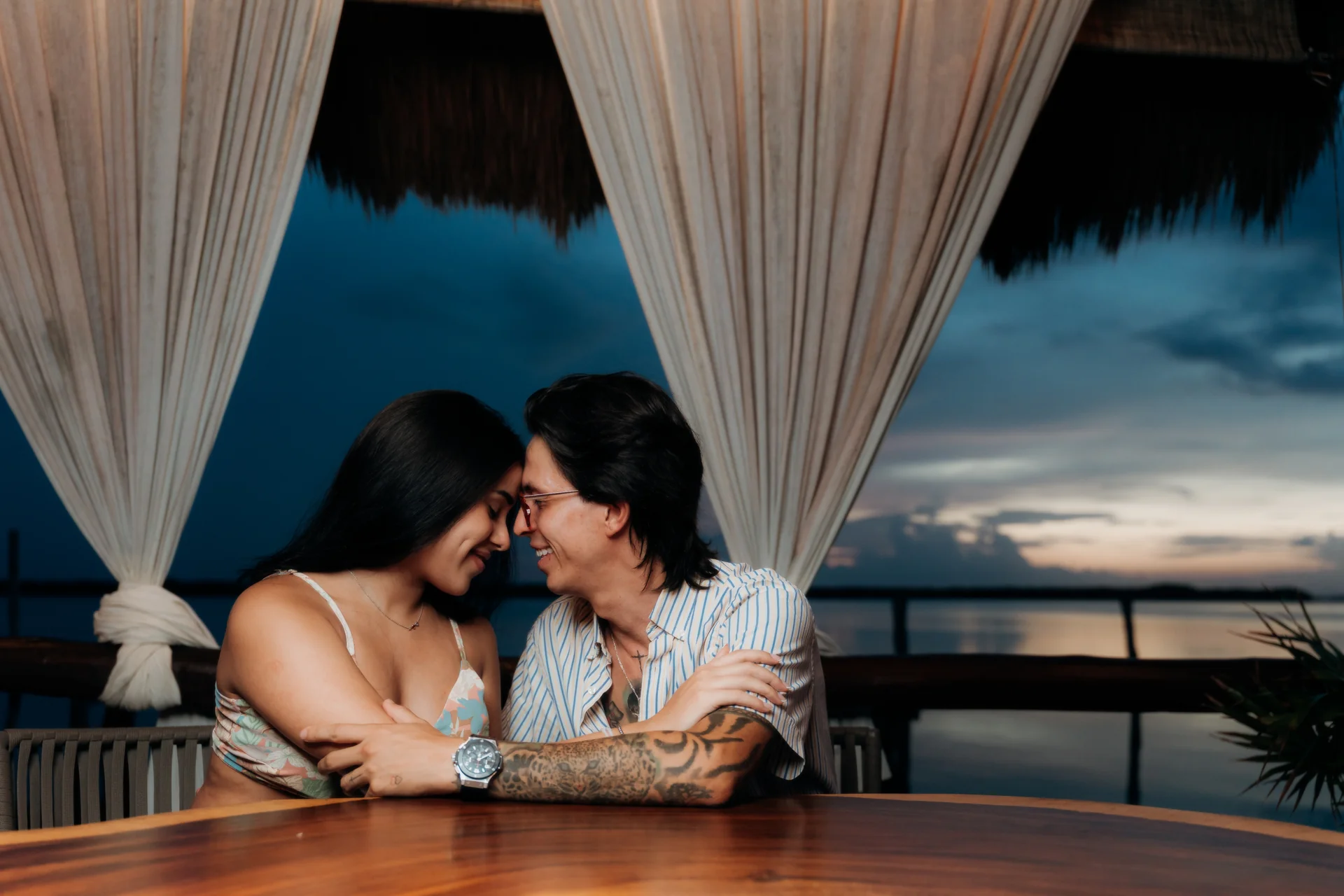 Newly engaged couple portrait, Navios restaurant, Cancún